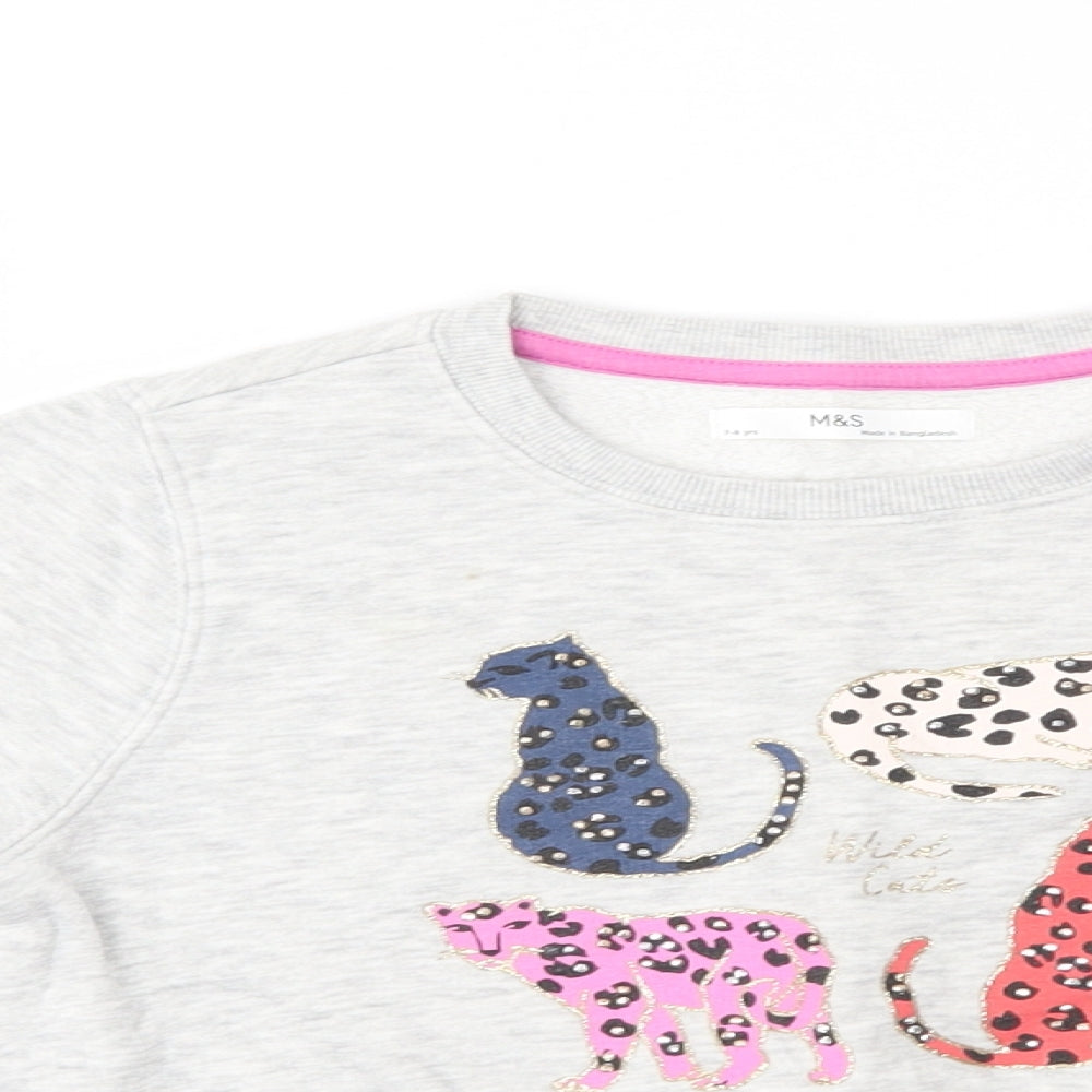 M&S Girls Grey   Pullover Jumper Size 7-8 Years  - wild cats