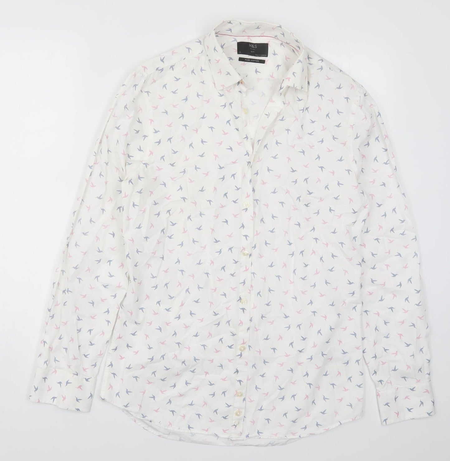 Marks and Spencer Mens White    Button-Up Size S  - Pink and Blue Bird Print