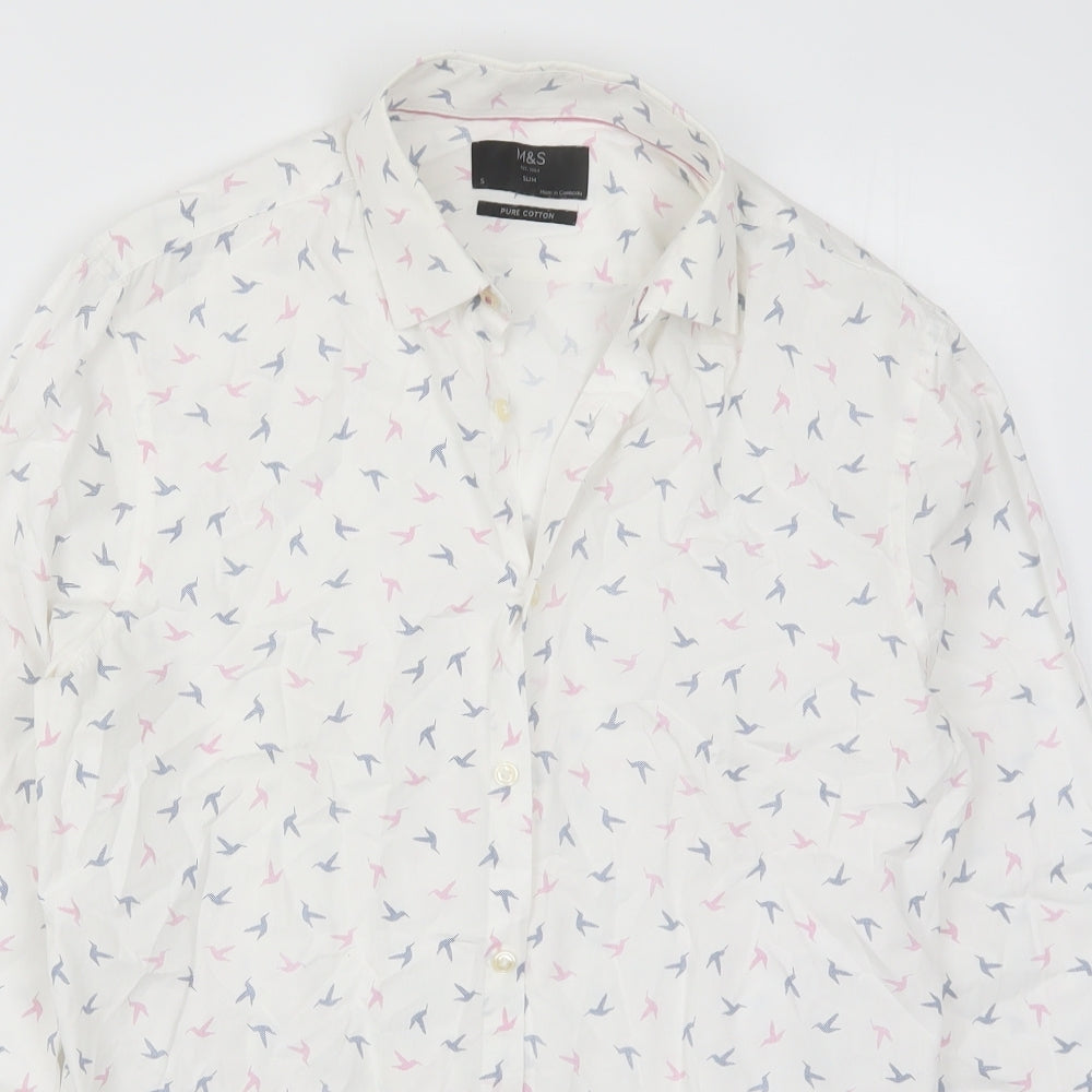 Marks and Spencer Mens White    Button-Up Size S  - Pink and Blue Bird Print