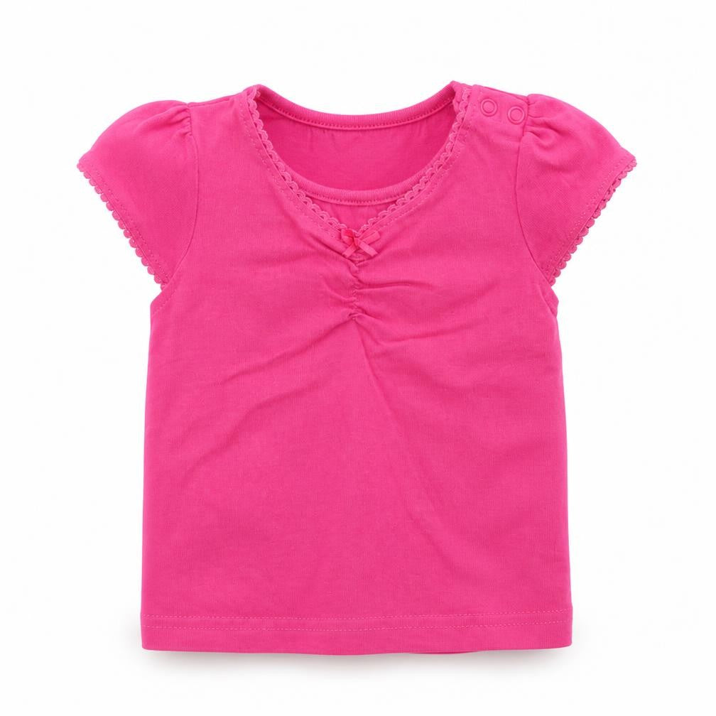 Front view of MINIMODE girls’ pink basic t-shirt, size 6-9, months