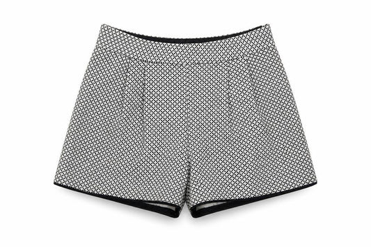 Front view of Miss Selfridge women’s black geometric hot pants shorts, size UK 8