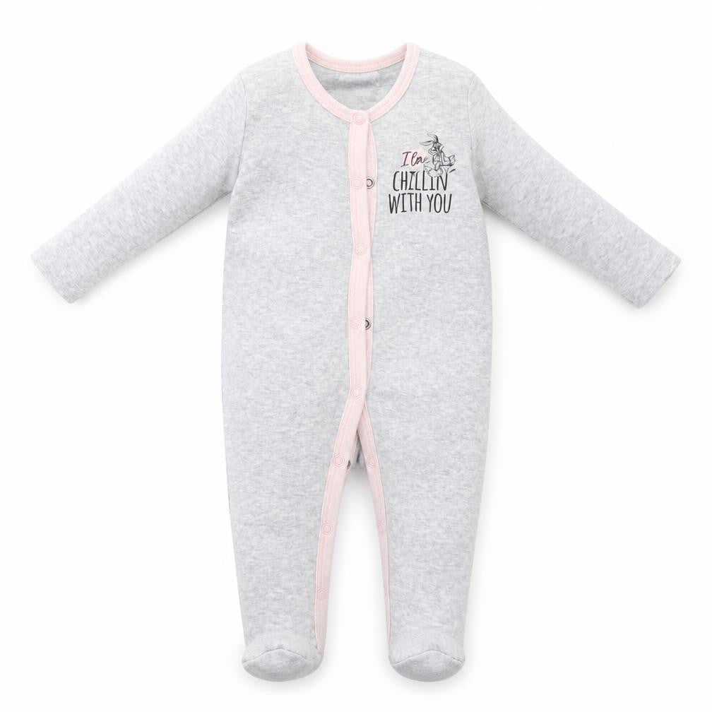 Front view of Looney Toons girls’ grey babygrow one-piece, size 0-3, months
