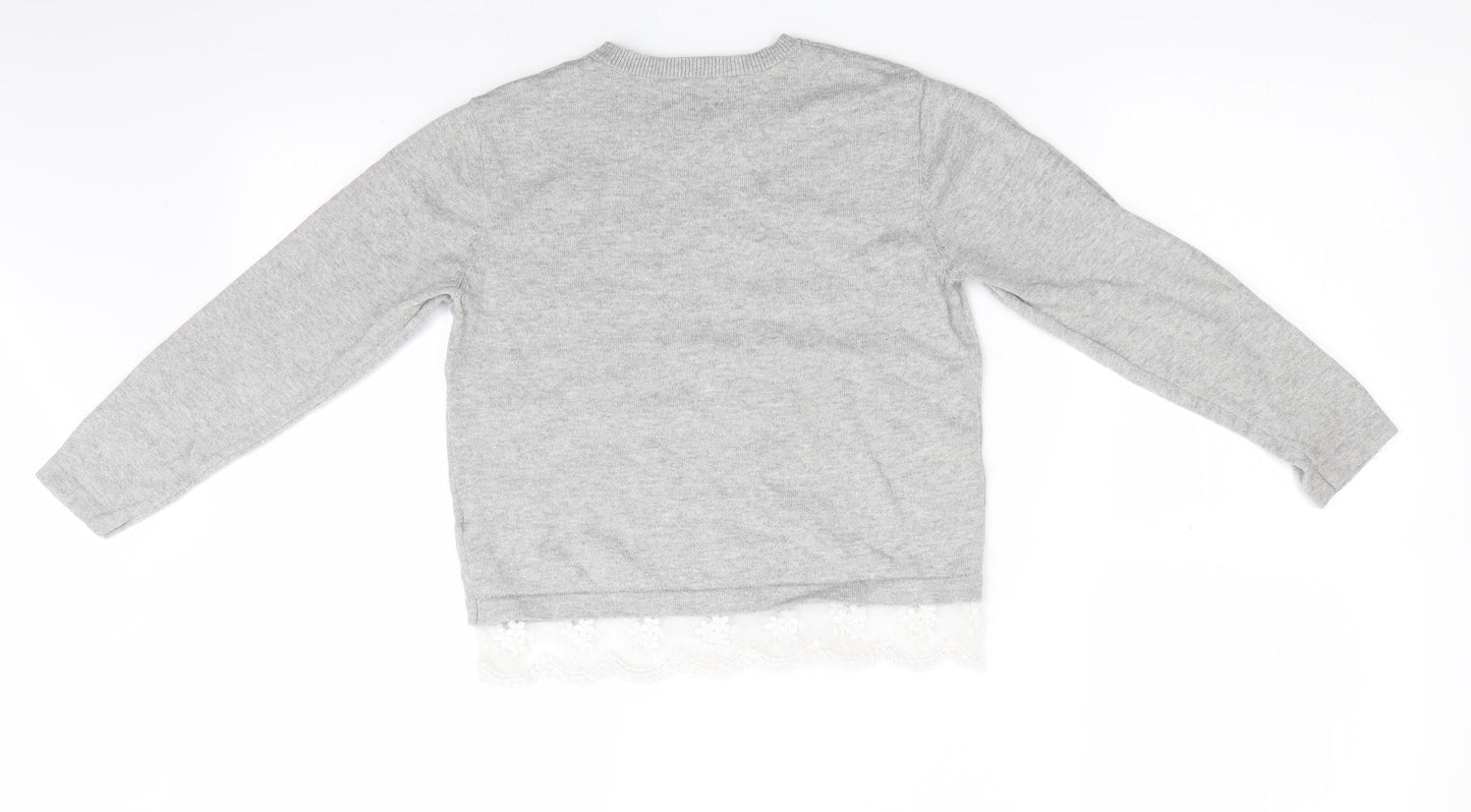 One Friday Girls Grey Floral  Pullover Jumper Size 7-8 Years  - Lace Hem Butterfly Print