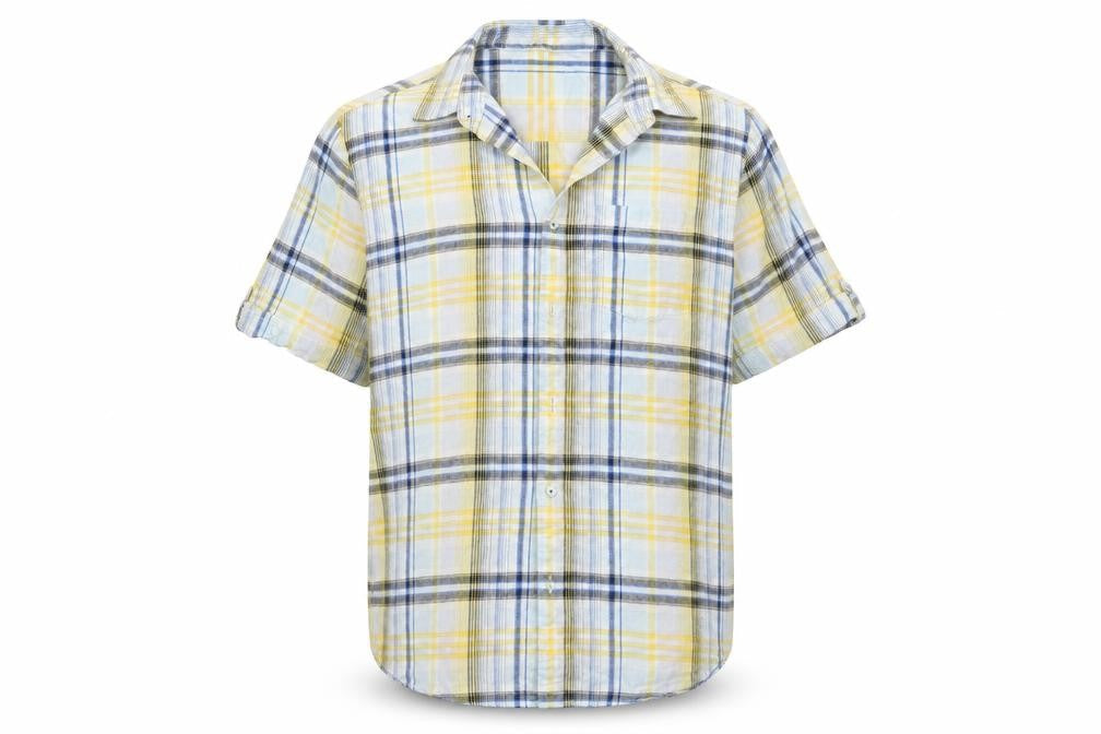 Front view of Easy men’s yellow check button-up, size XL