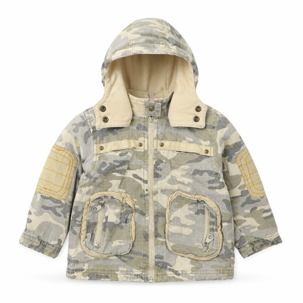 Front view of Rohm & Emmy boys’ beige camouflage jacket, size 2, years