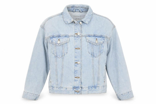 Front view of Denim Co. women’s blue denim jacket, size UK 8
