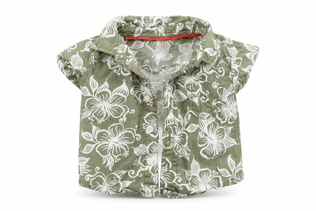 Front view of H&M boys’ grey floral basic button-up, size 3-6, months