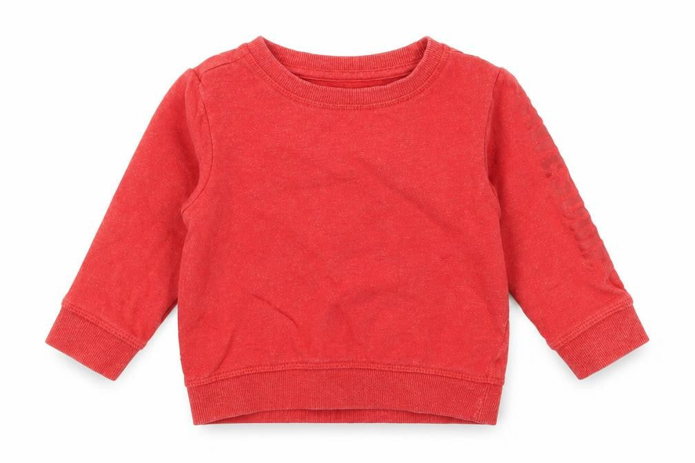 Front view of M boys’ red jumper, size 12-18, months