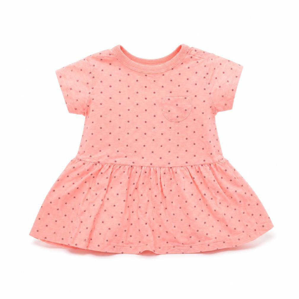 Front view of Next girls’ orange geometric t-shirt dress, size 6-9, months - star pattern