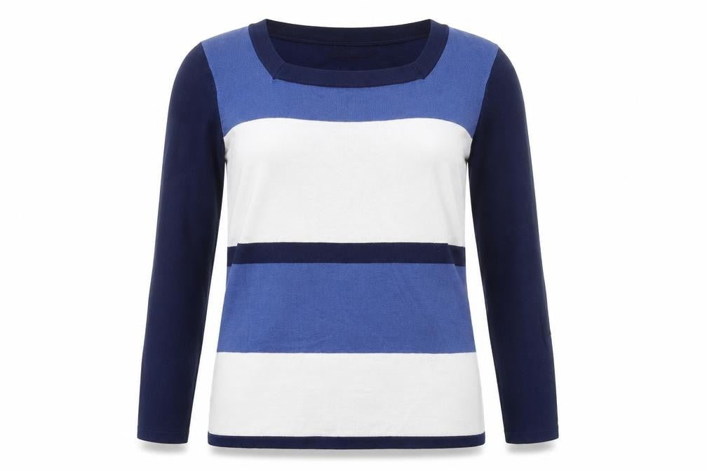 Front view of Alexara women’s blue striped knit jumper, size S