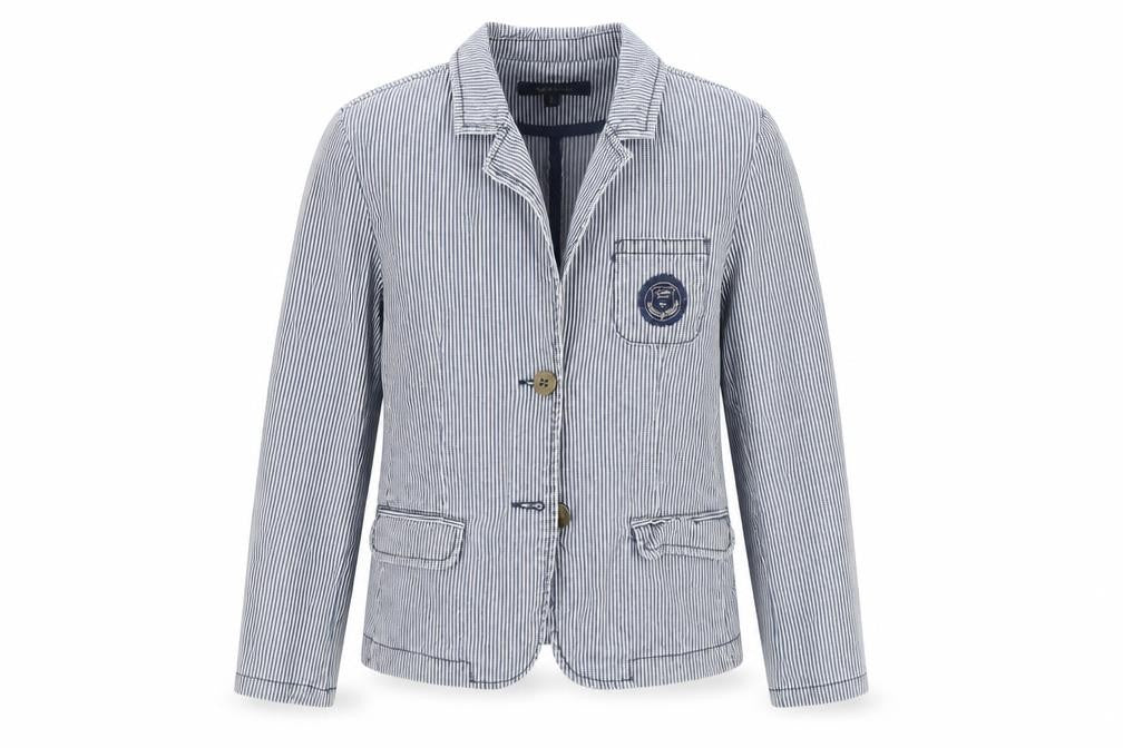 Front view of j jeans girls’ blue striped jacket, size 10, years