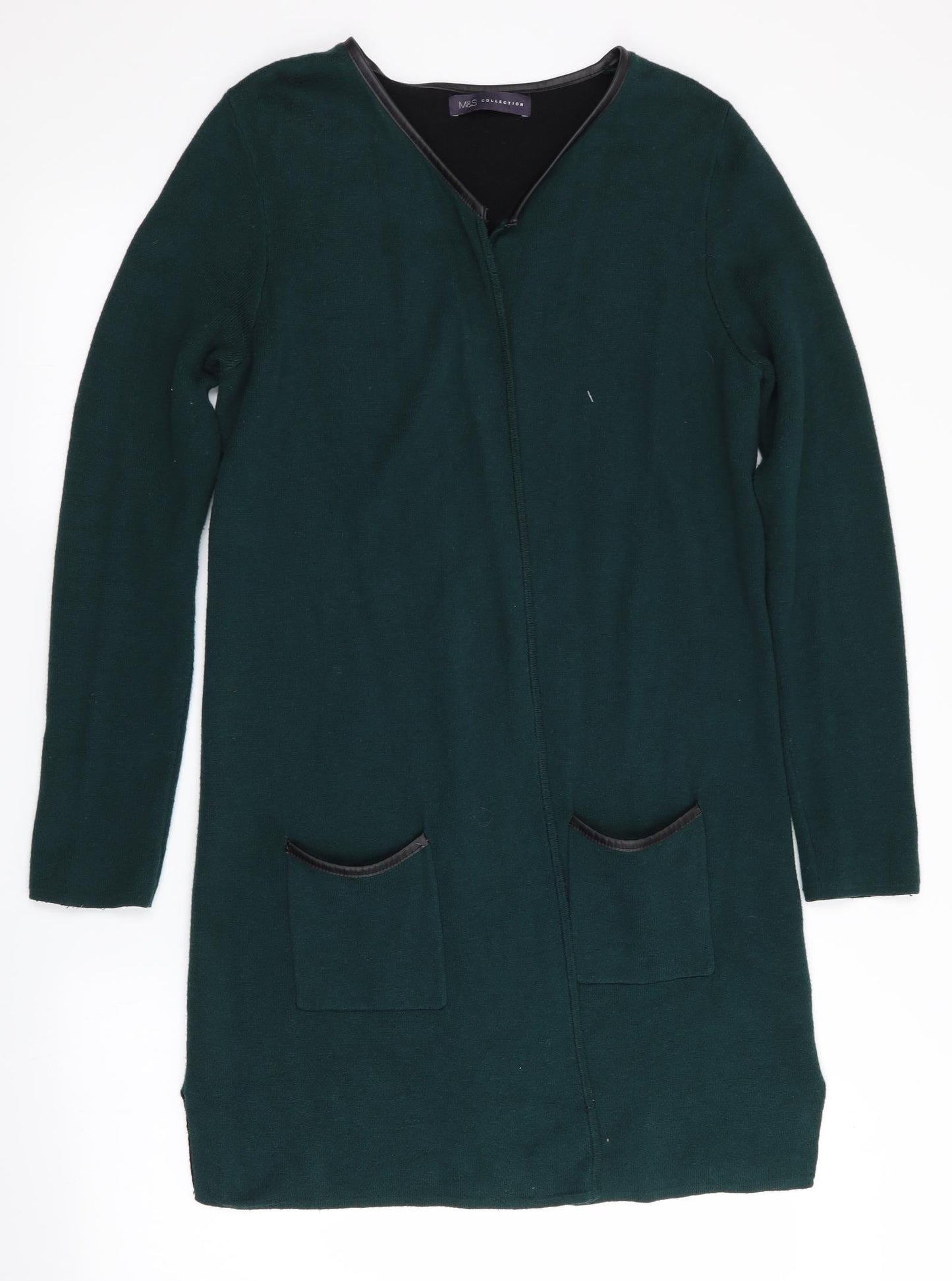 Marks and Spencer Womens Green   Cardigan Jumper Size S  - Faux Leather Trim to neck & pockets