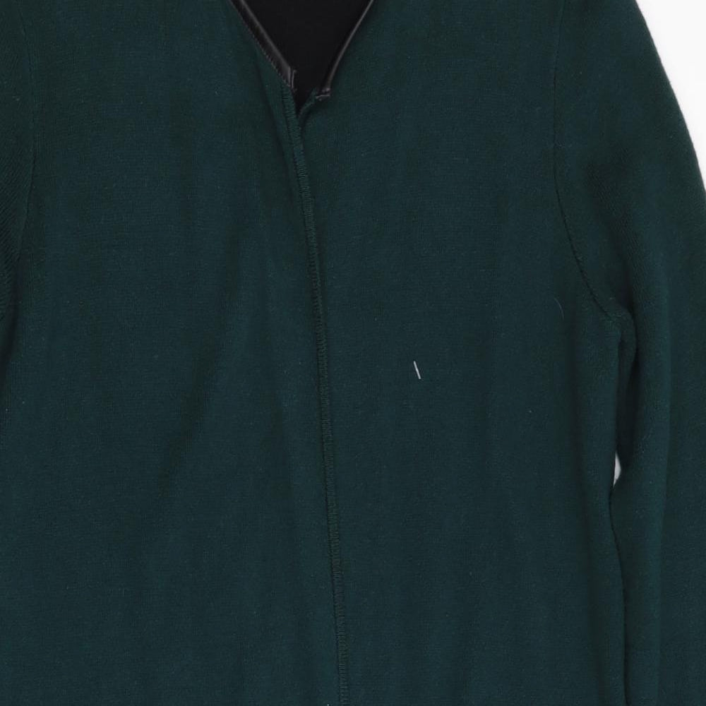Marks and Spencer Womens Green   Cardigan Jumper Size S  - Faux Leather Trim to neck & pockets