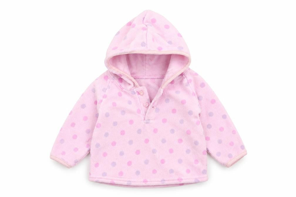 Front view of Marks & Spencer girls’ pink polka dot fleece jumper, size 3-6, months - hoodie