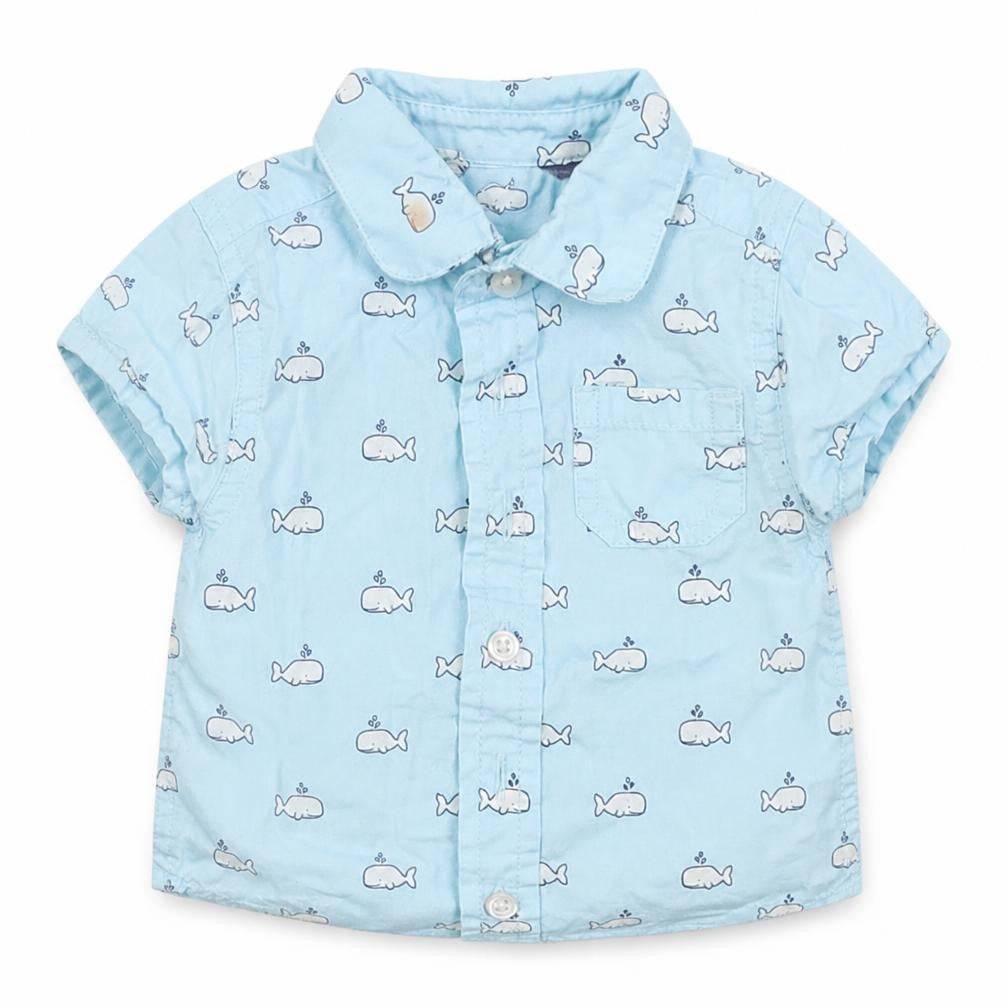 Front view of John Lewis boys’ blue spotted basic button-up, size 0-3, months - whale print