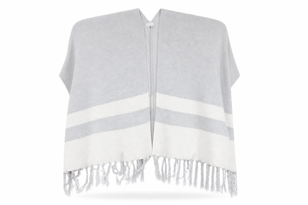 Front view of Red Herring women’s grey striped overcoat poncho, size M