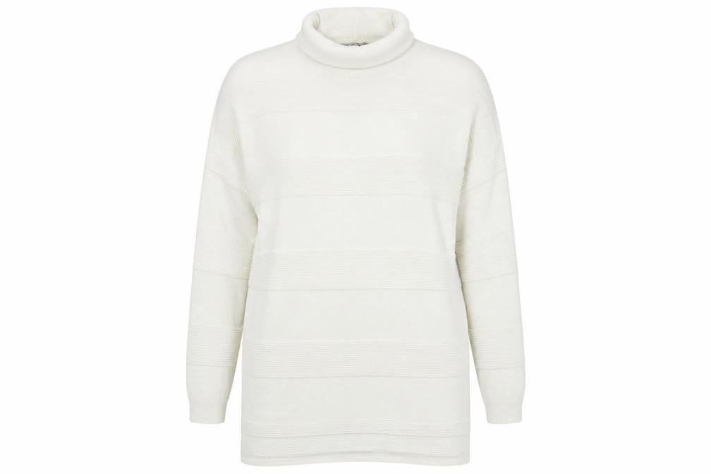 Front view of ASOS women’s white striped jumper, size UK 8