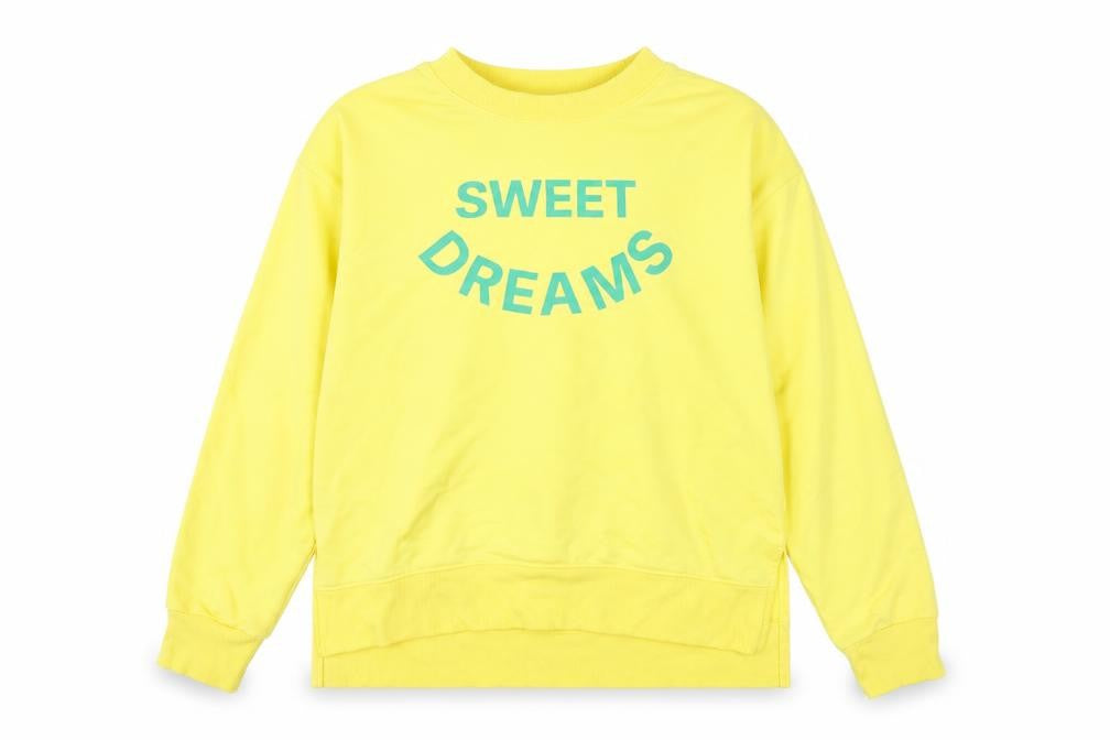 Front view of Time To Dream women’s yellow pullover sweatshirt, size M