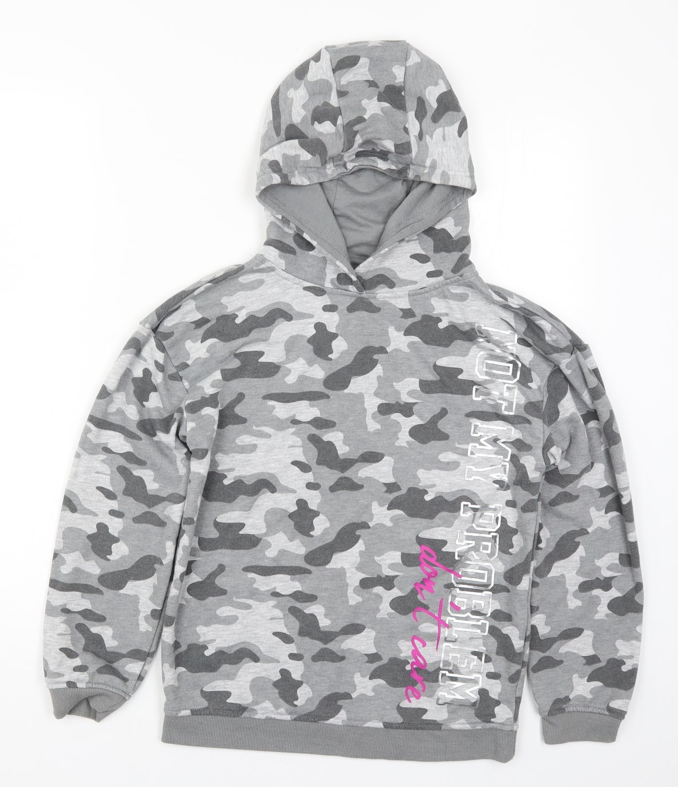 Primark Girls Grey Camouflage  Pullover Hoodie Size 11-12 Years  - Not my Problem Don't Care