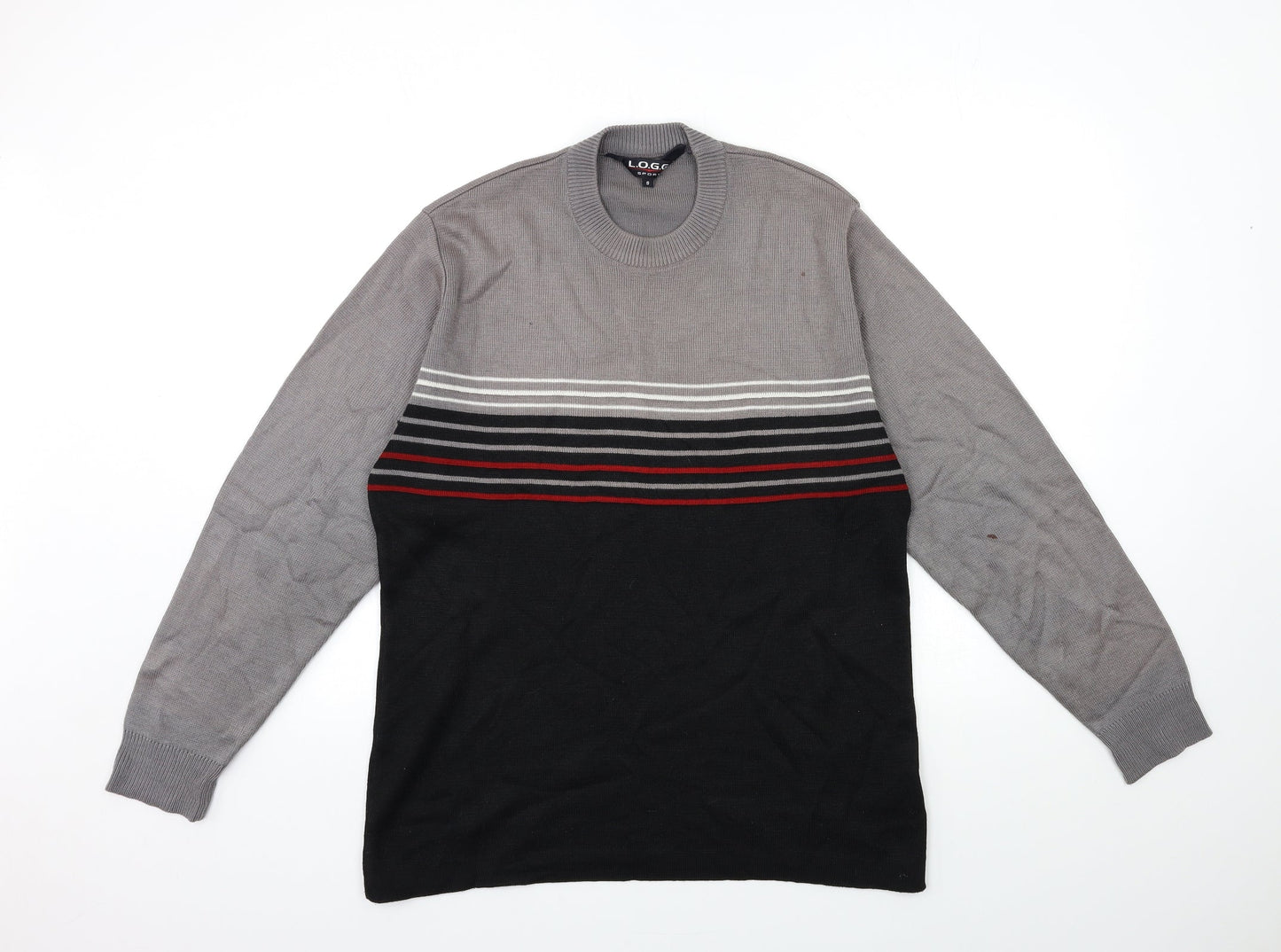 LOGG Mens Grey Striped Knit Pullover Jumper Size S