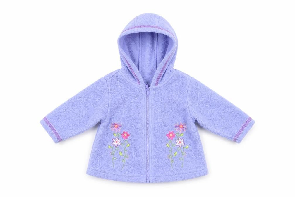 Front view of Asda George girls’ blue floral full zip jumper, size 3-6, months