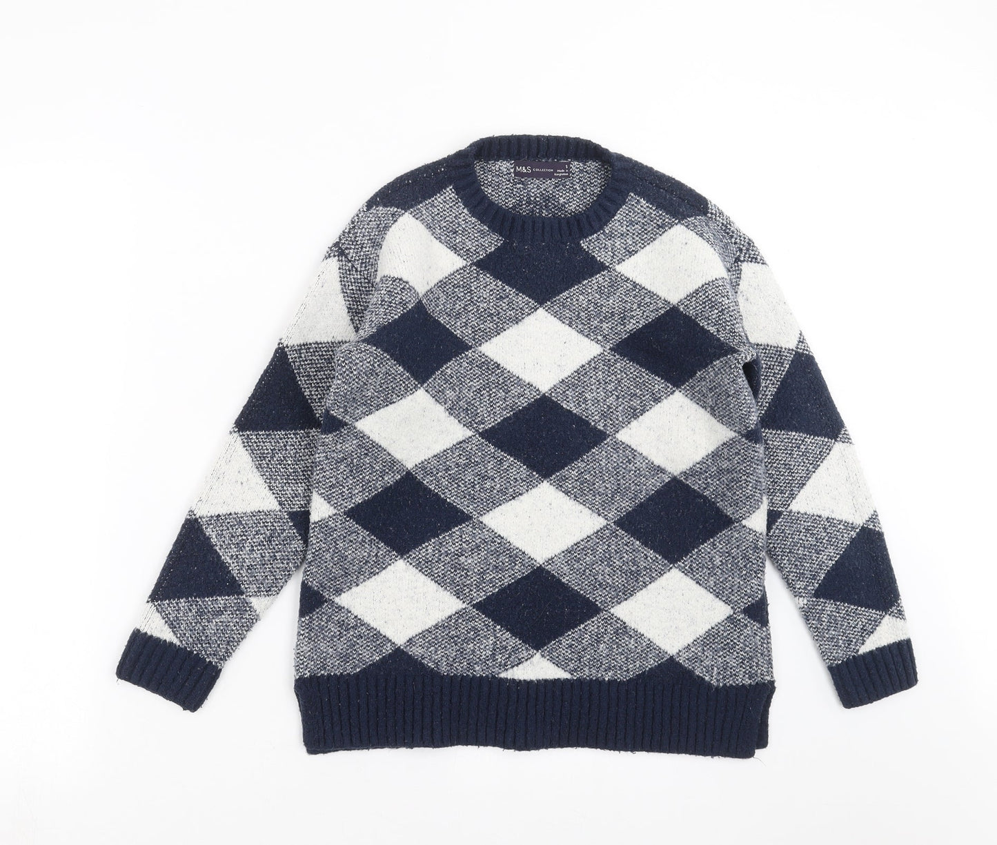 Marks and Spencer Womens Blue Argyle/Diamond Knit Pullover Jumper Size S