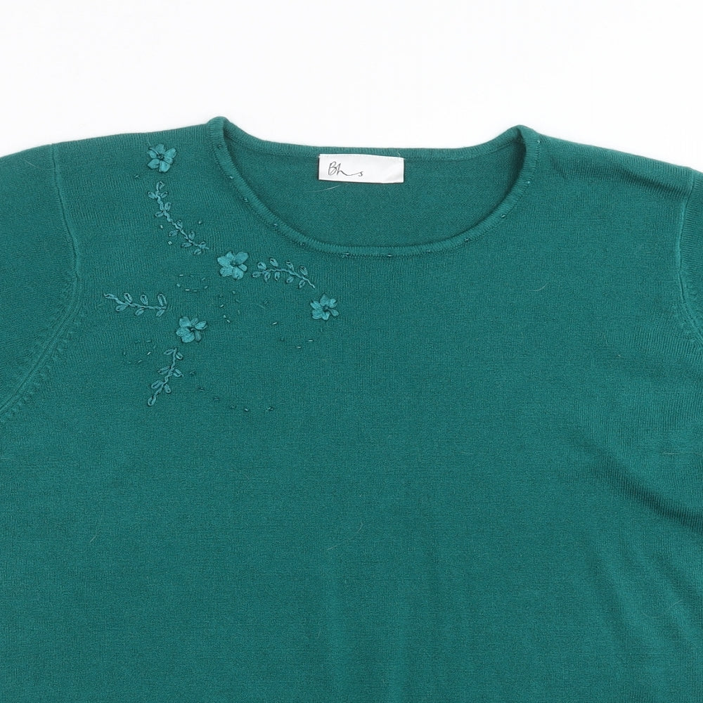 BHS Womens Green  Knit Pullover Jumper Size 18  - Floral embroidery