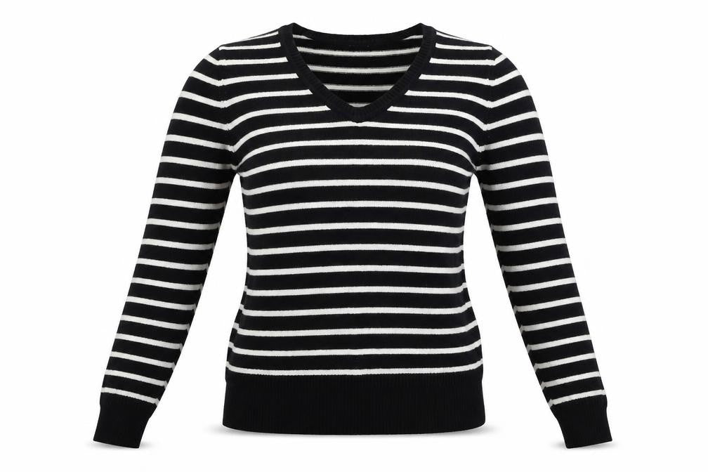 Front view of Atmosphere women’s black striped jumper, size UK 8