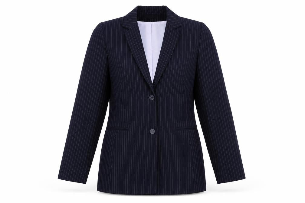 Front view of Atmosphere women’s blue striped jacket blazer, size UK 10