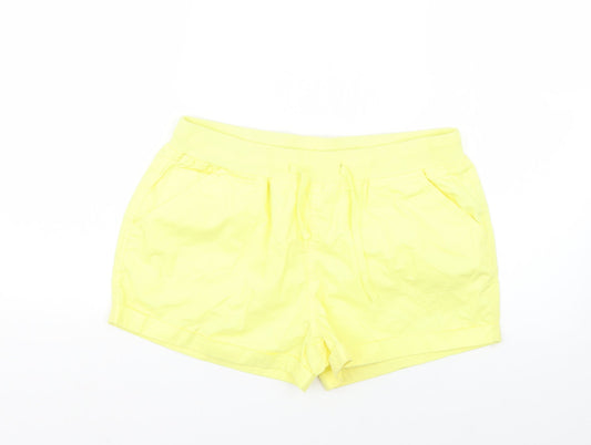 Front view of Atmosphere women’s yellow hot pants shorts, size UK 12