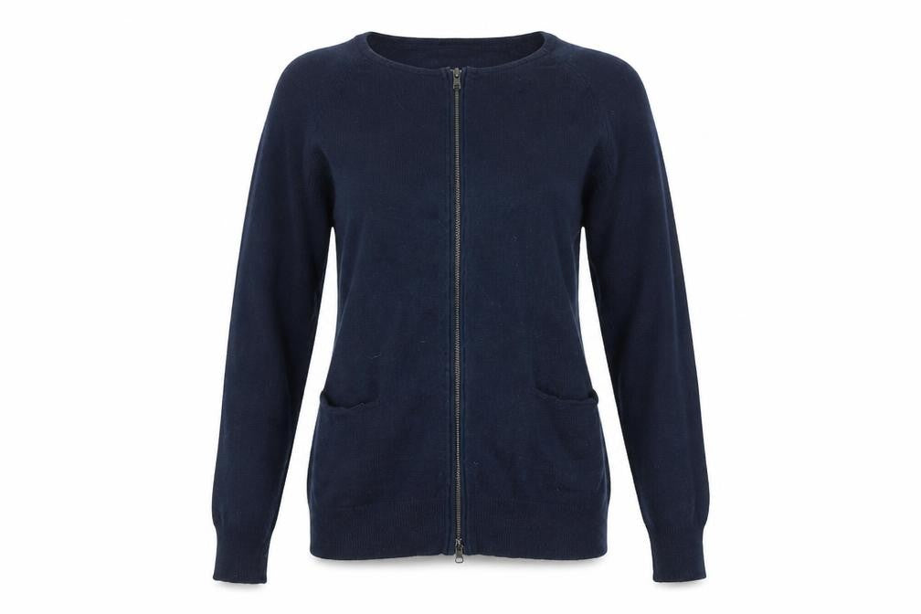 Front view of ESPRIT women’s blue cardigan jumper, size M