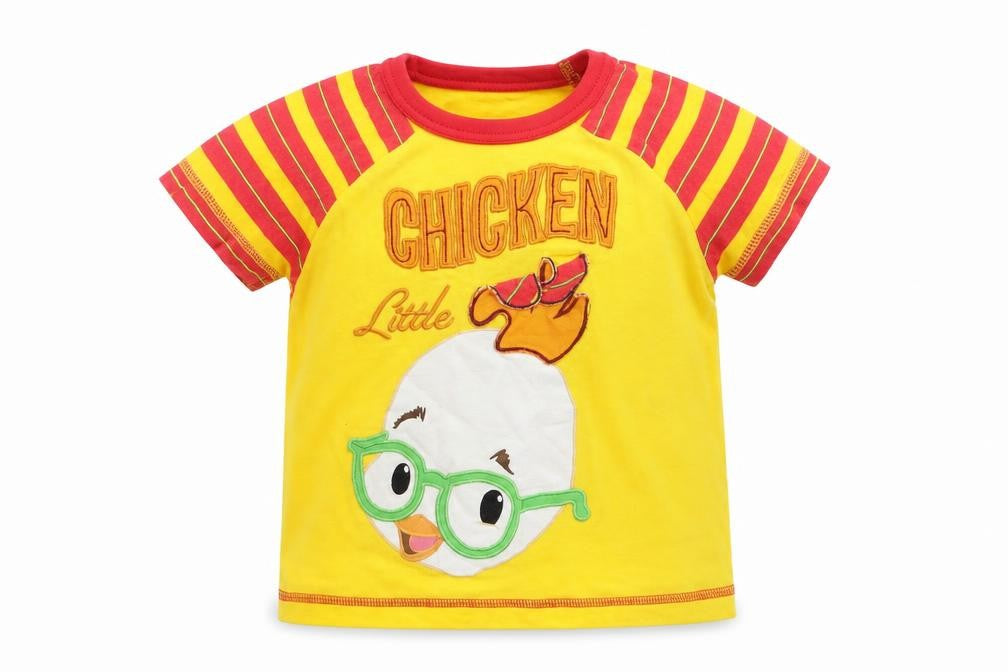 Front view of Disney boys’ yellow basic t-shirt, size 6-9, months - little chicken