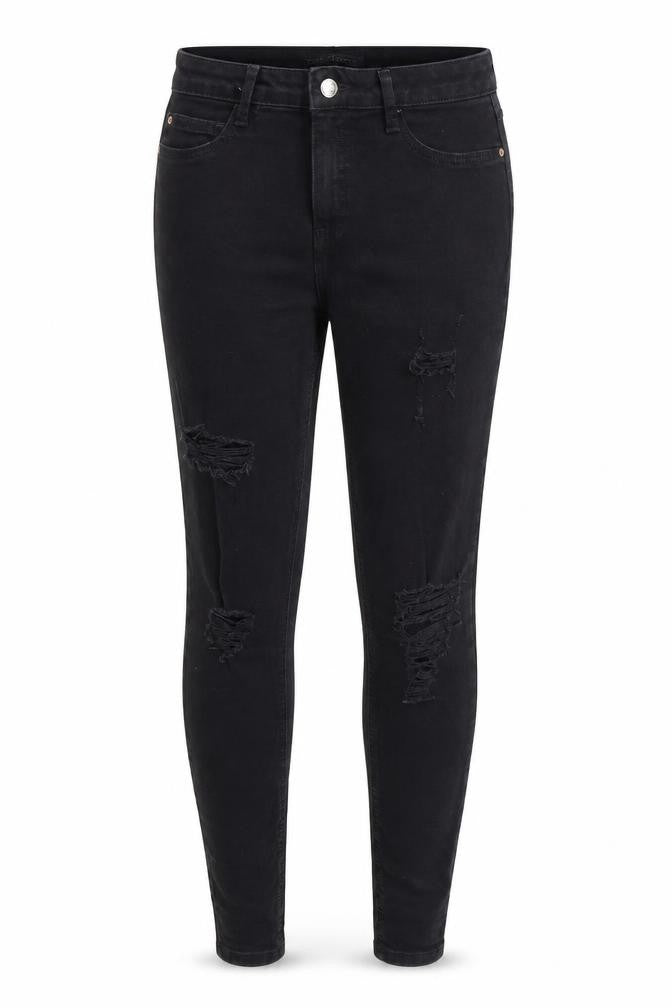 Front view of Denim & Co. women’s black denim skinny jeans, size UK 12, 28-inch leg