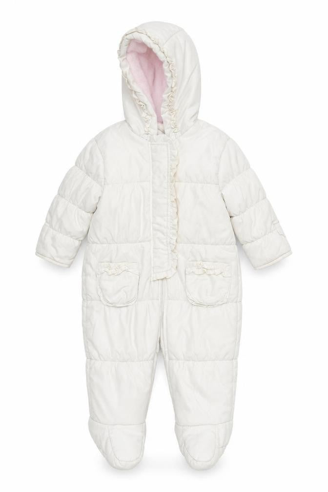 Front view of onme girls’ white basic coat coat, size 6-9, months - all in one coat