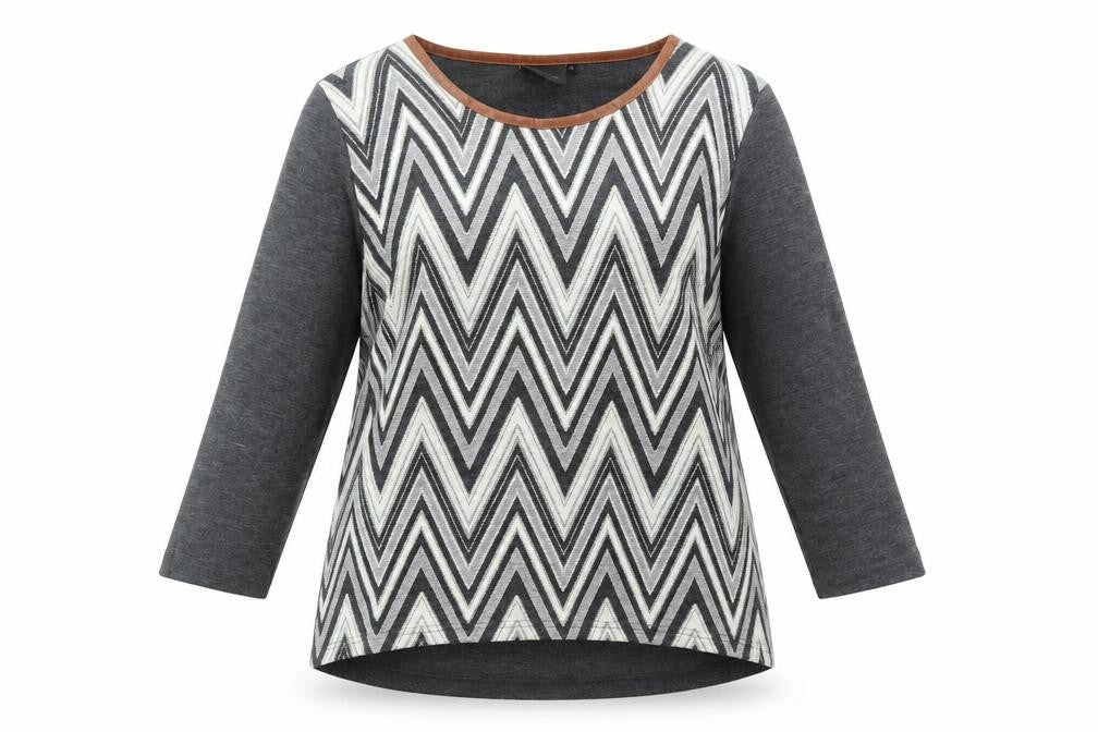 Front view of b.young women’s grey geometric basic t-shirt, size M