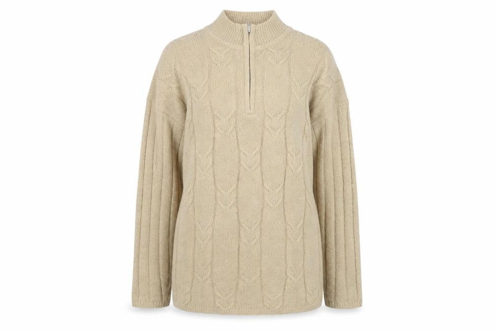 Front view of FABRIZIO women’s beige knit jumper, size XL, - shoulder pads