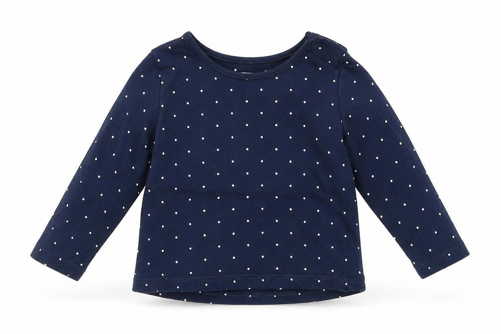 Front view of H&M girls’ blue polka dot basic t-shirt, size 6-9, months