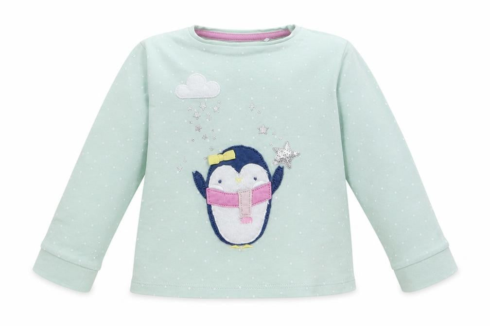 Front view of Mini Club girls’ green geometric babydoll pyjama top, size 18-24, months