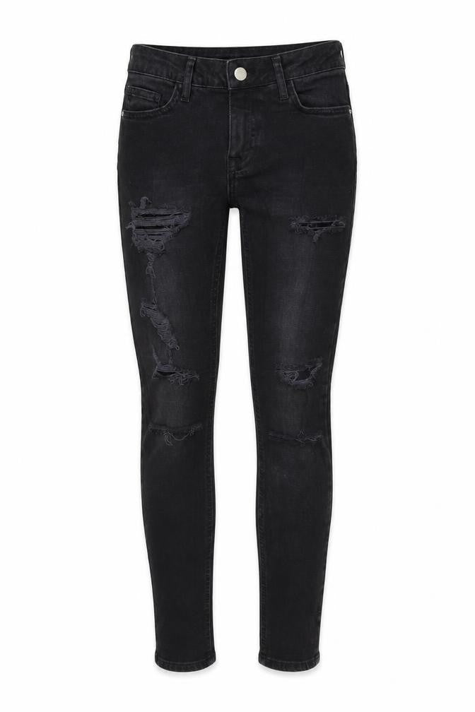 Front view of Denim & Co. women’s black denim skinny jeans, size UK 6, 29-inch leg