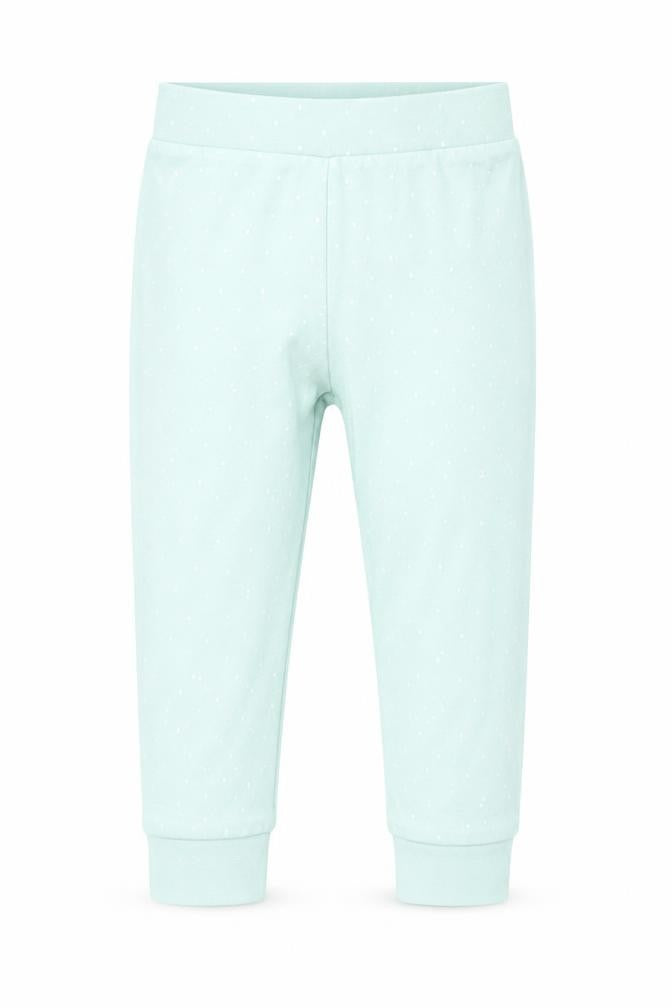 Front view of Mini Club girls’ green polka dot pyjama pants, size 18-24, months