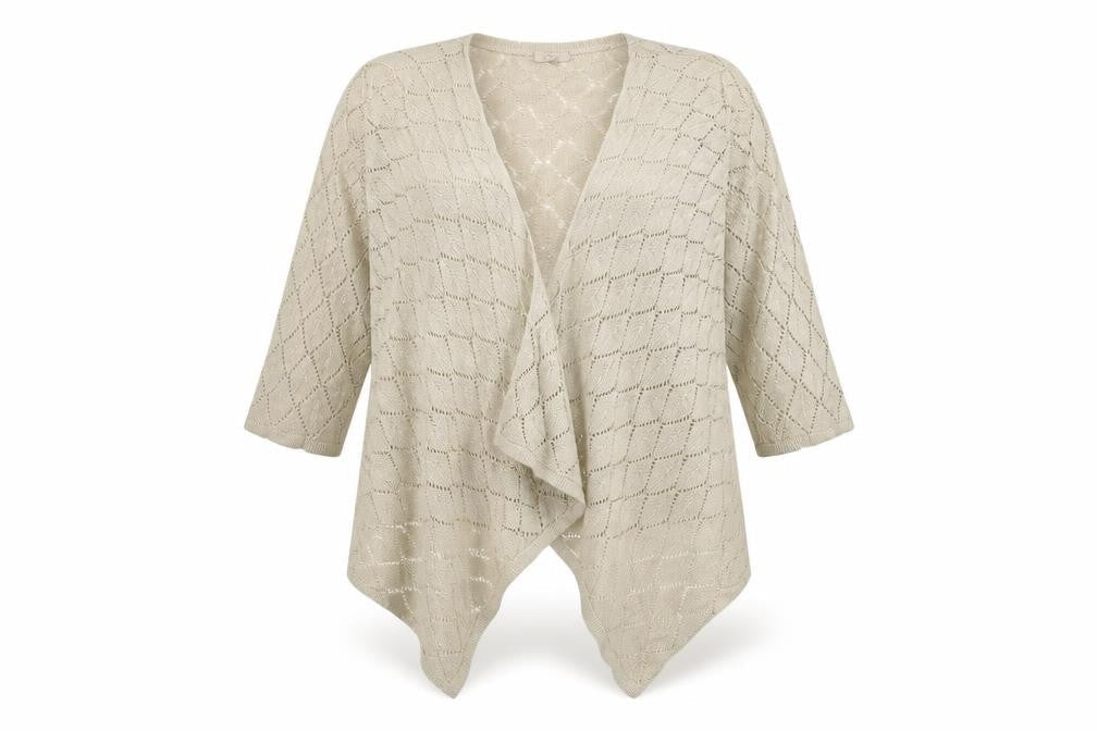 Front view of Soon women’s beige wrap jumper, size UK 22