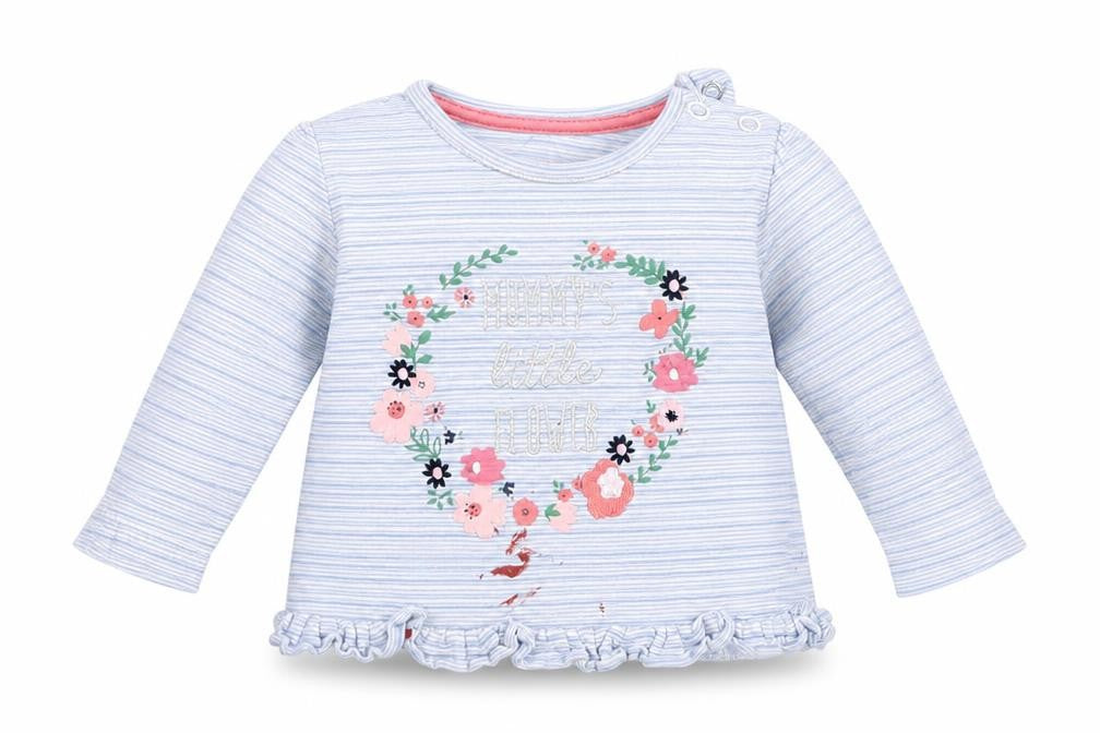 Front view of Early Days girls’ blue striped basic t-shirt, size 3-6, months