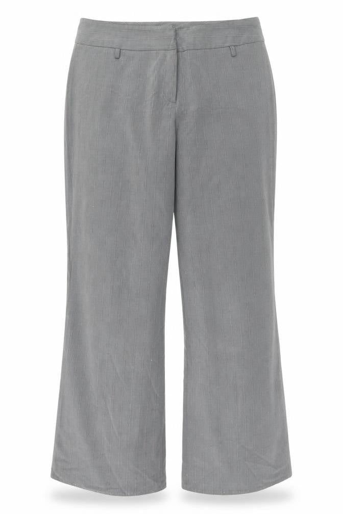 Front view of EVIE women’s grey striped trousers, size UK 16, 30.5-inch leg