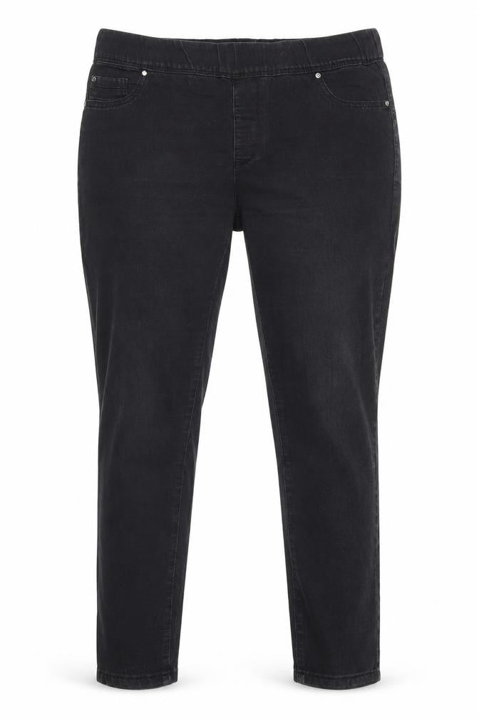 Front view of Denim & Co. women’s black denim straight jeans, size UK 14, 24-inch leg