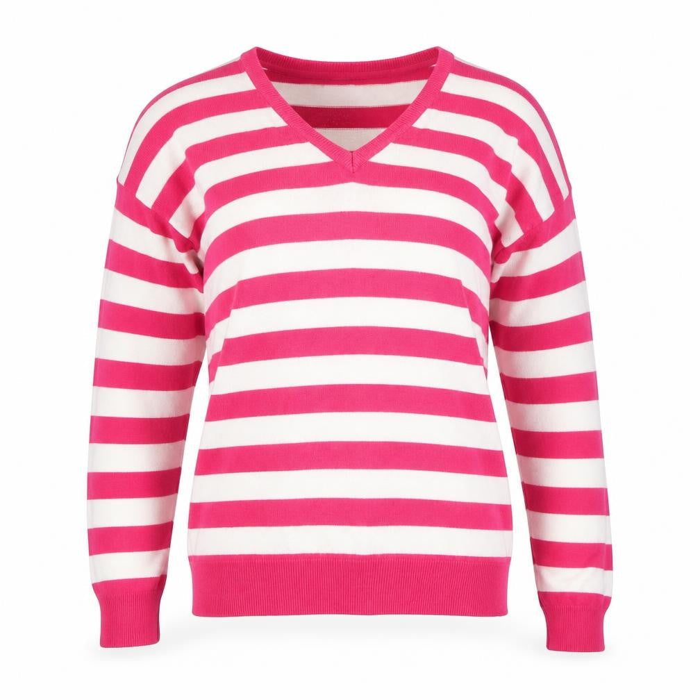 Front view of Atmosphere women’s pink striped jumper, size UK 14