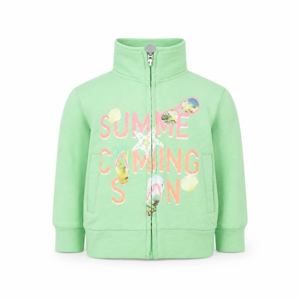 Front view of YES I DO girls’ green full zip jumper, size 12-18, months