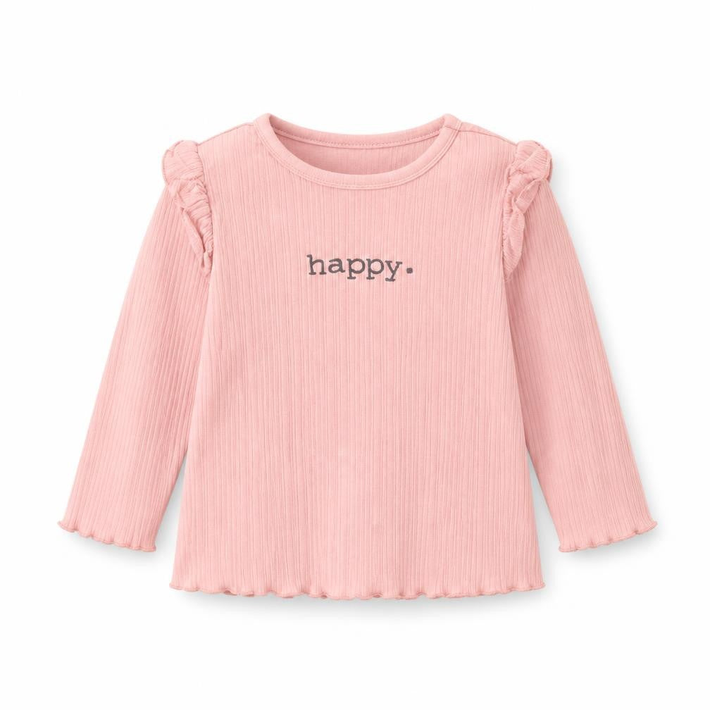 Front view of F&F girls’ pink basic blouse, size 6-9, months - happy