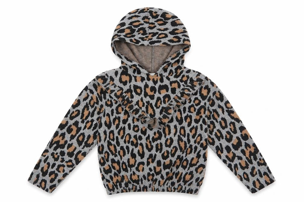 Front view of I Love girls’ wear girls grey animal print pullover hoodie, size 8, years