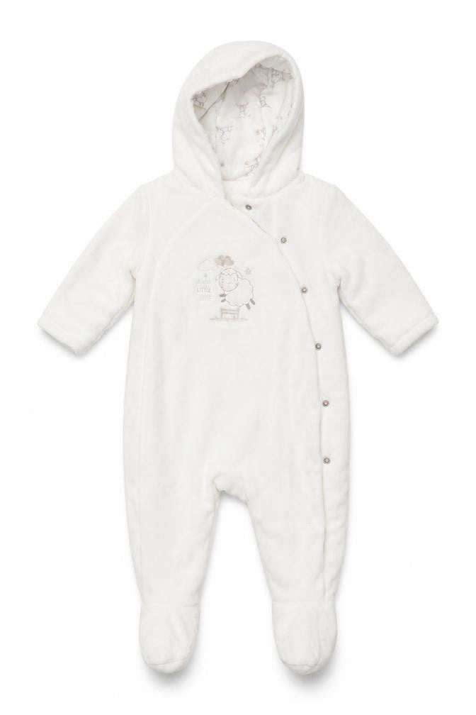 Front view of Mothercare girls’ white animal print coverall one-piece, size 3-6, months