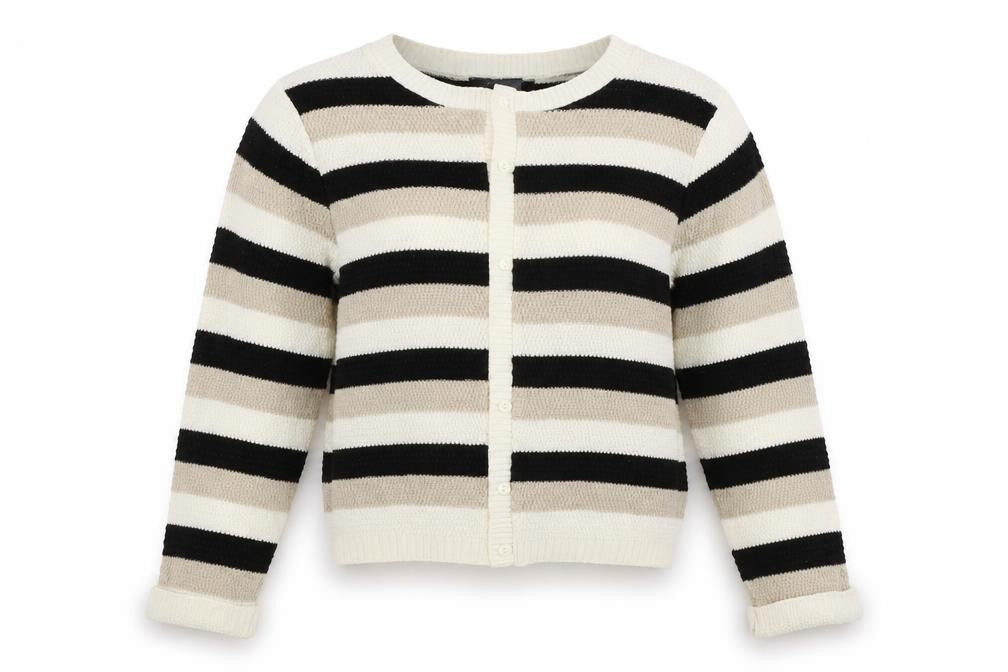 Front view of Evie women’s white striped knit cardigan jumper, size UK 8